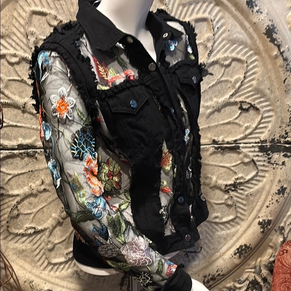 Adore Black Mesh Jean Jacket with Vibrant Embroidery - Picture 13 of 16